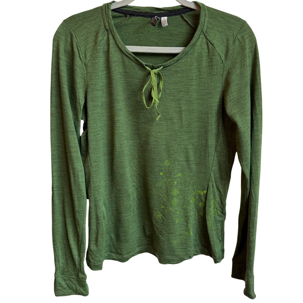 Ibex Long Sleeve Tie Front Shirt Merino Zque Wool Size S Green Floral Base Layer